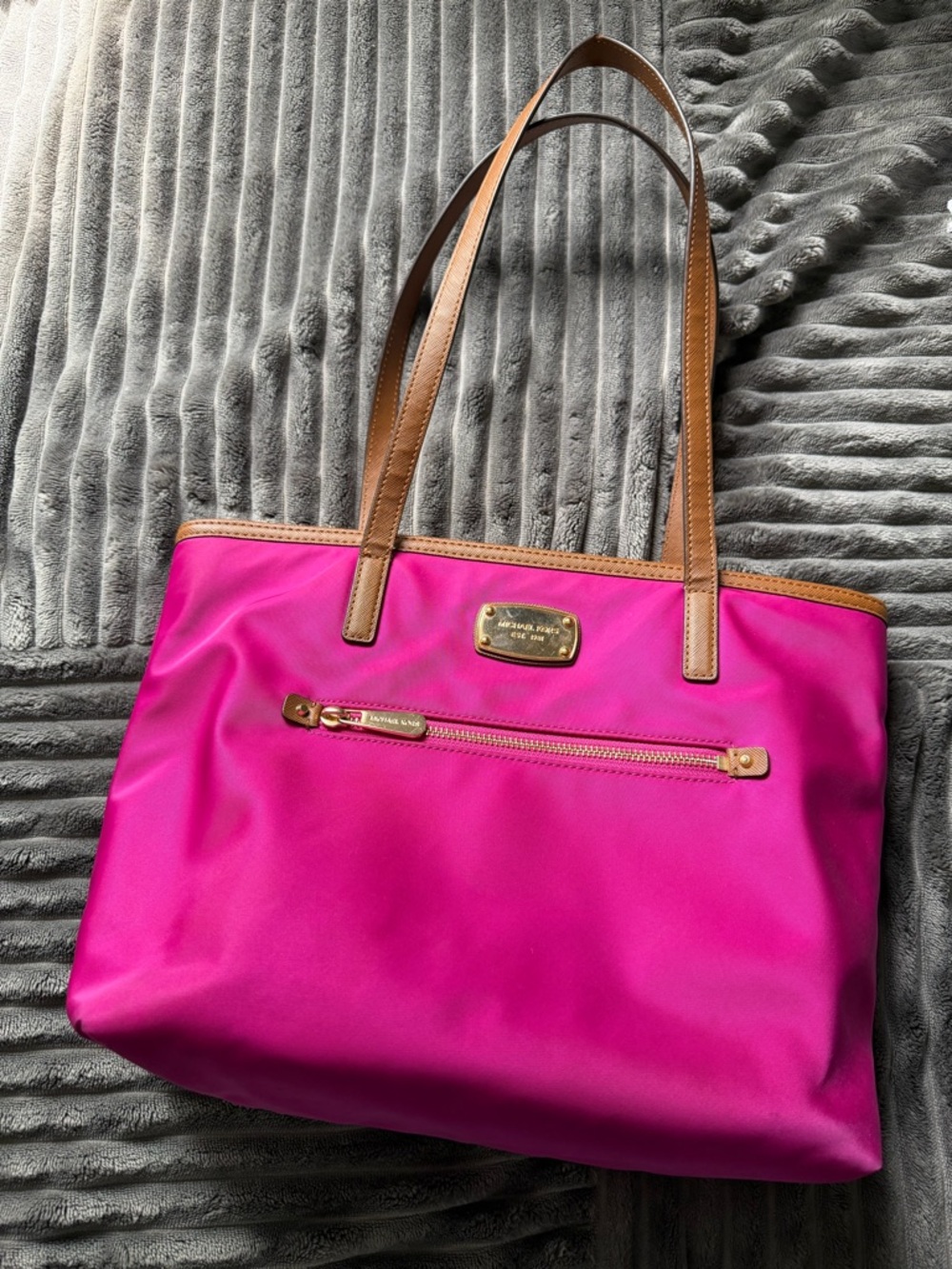 Michael Kors Hot Pink Nylon Tote with Brown Leather Straps